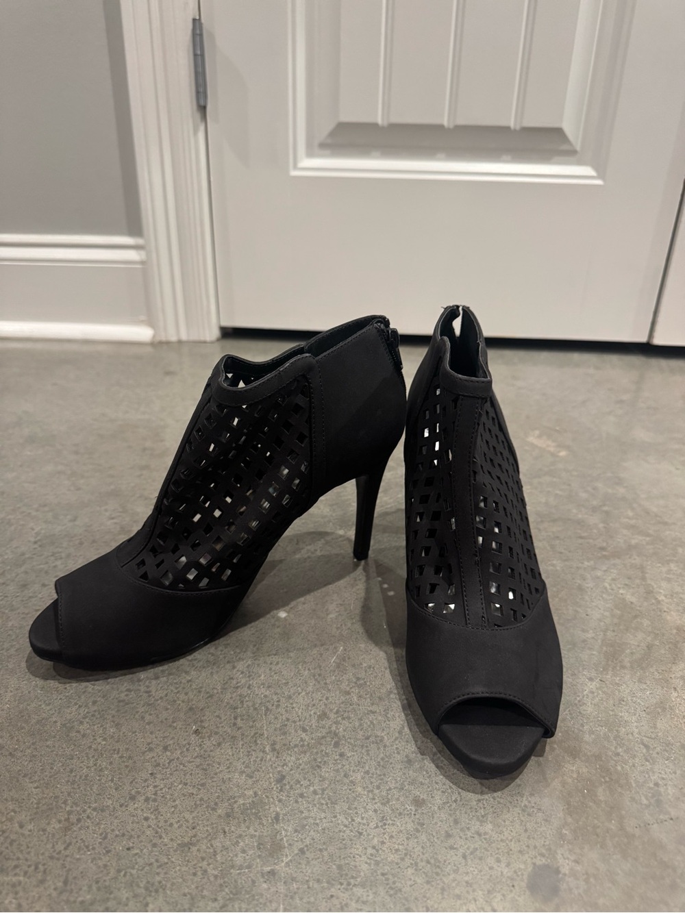Jennifer Lopez Black Laser-Cut Peep-Toe High Heel Booties